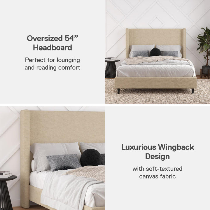 Eveline Textured Canvas Upholstered Wingback Bed - Textured Beige Canvas - Queen