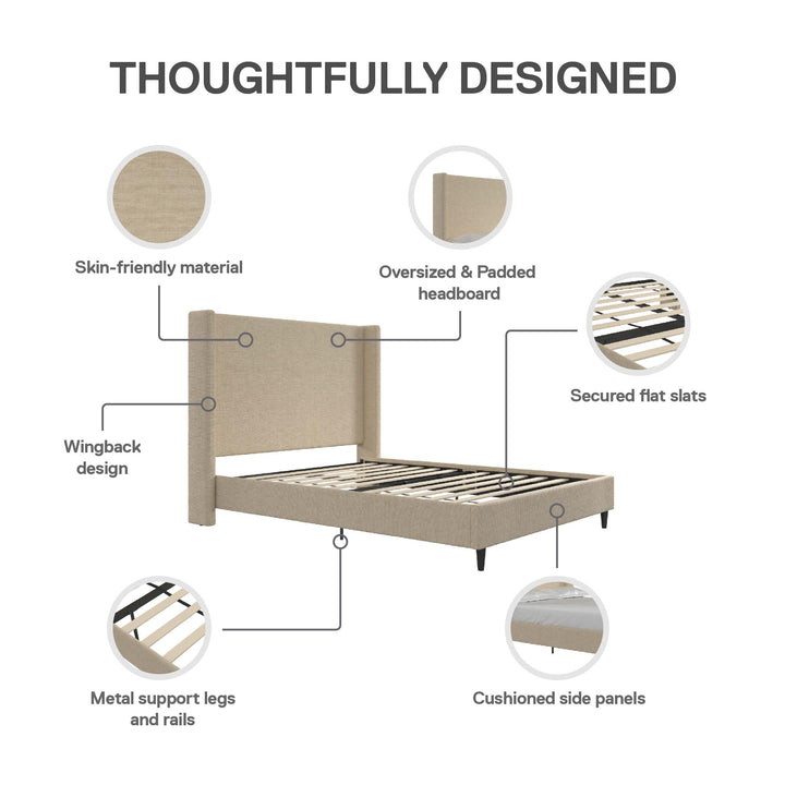 Eveline Textured Canvas Upholstered Wingback Bed - Textured Beige Canvas - Queen