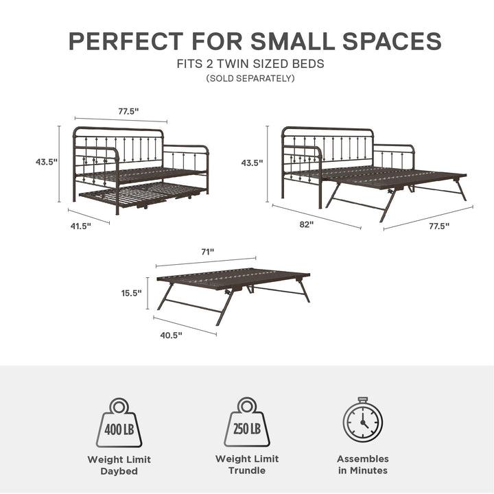 Locky Metal Daybed with Pop Up Trundle Bed - Bronze - Twin-Over-Twin