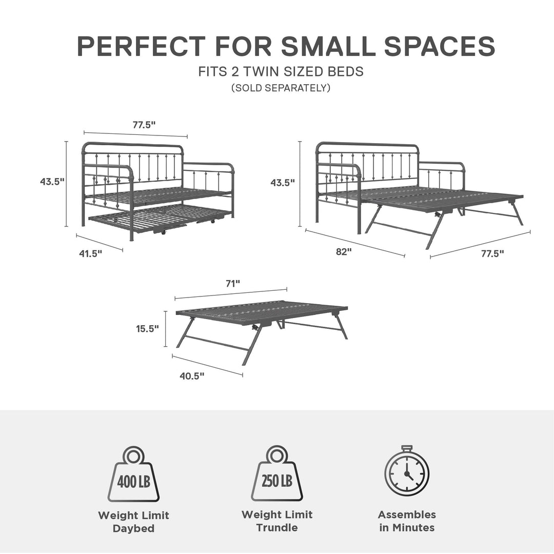 Locky Metal Daybed with Pop Up Trundle Bed - Antique Gunmetal - Twin-Over-Twin