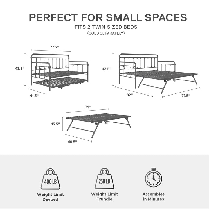 Locky Metal Daybed with Pop Up Trundle Bed - Antique Gunmetal - Twin-Over-Twin