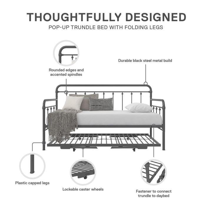 Locky Metal Daybed with Pop Up Trundle Bed - Antique Gunmetal - Twin-Over-Twin