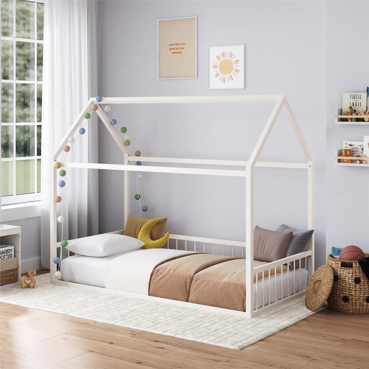 Skyler Metal House Bed with Rail - Off White - Twin