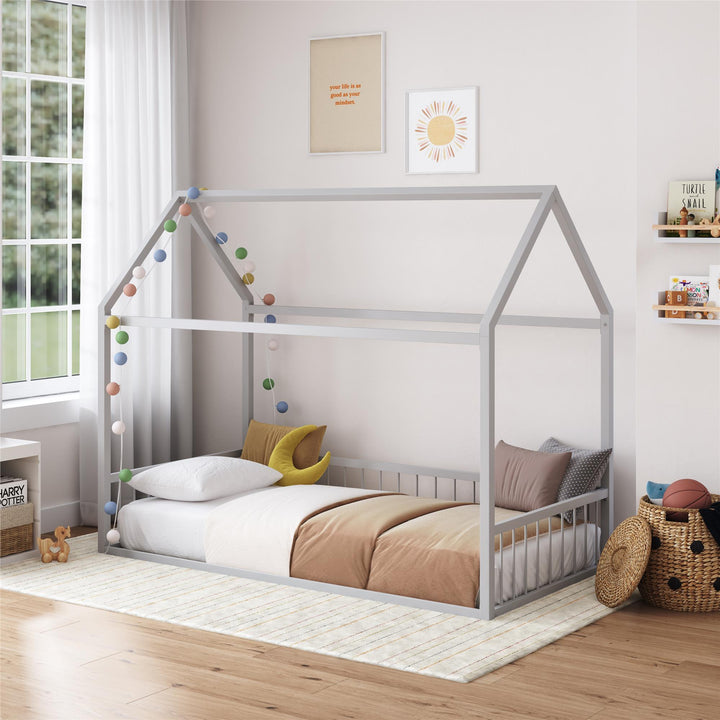 Skyler Metal House Bed with Rail - Dove Gray - Twin