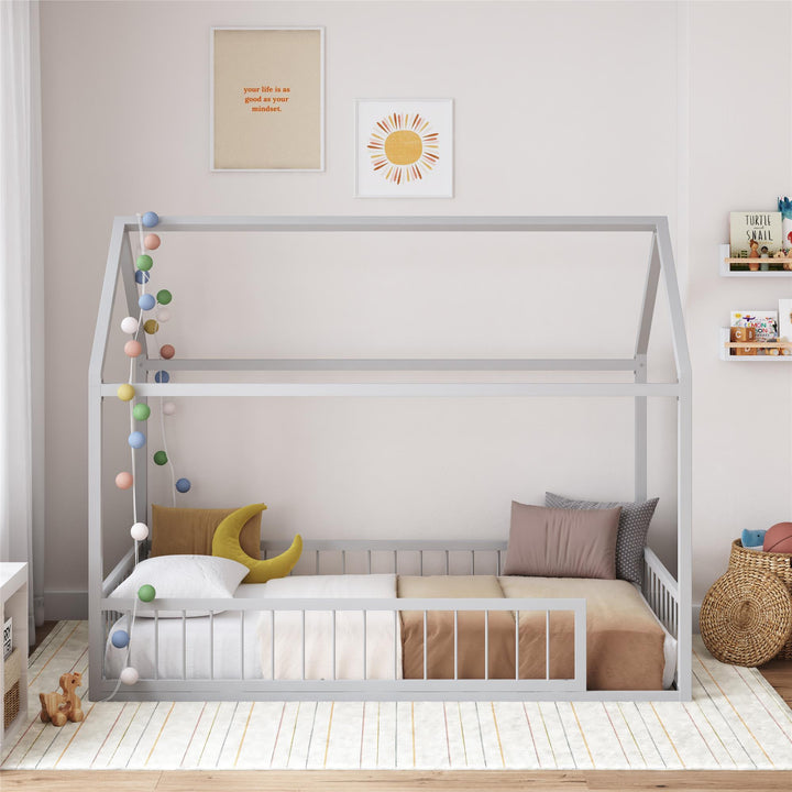 Skyler Metal House Bed with Rail - Dove Gray - Twin