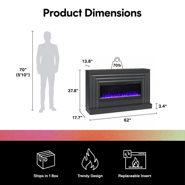 Rene Electric Fireplace Mantel 65" TV Stand with Multi-Color Flame and Crystal Ember Bed - Black