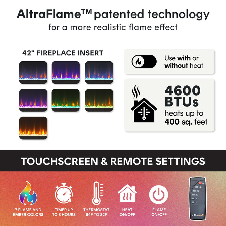 Rene Electric Fireplace Mantel 65" TV Stand with Multi-Color Flame and Crystal Ember Bed - Black