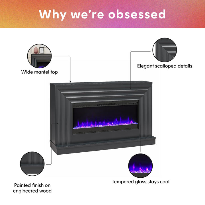 Rene Electric Fireplace Mantel 65" TV Stand with Multi-Color Flame and Crystal Ember Bed - Black