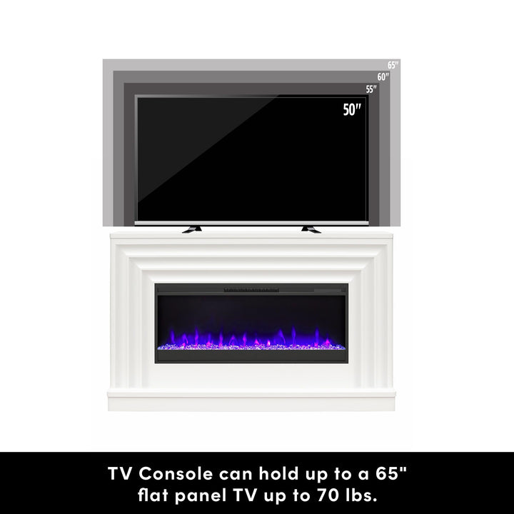 Rene Electric Fireplace Mantel 65" TV Stand with Multi-Color Flame and Crystal Ember Bed - White
