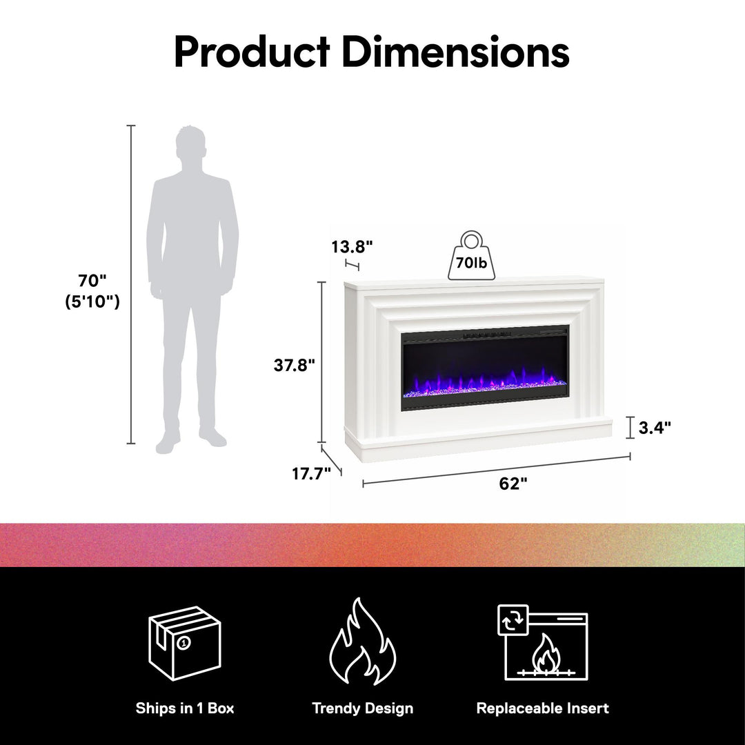 Rene Electric Fireplace Mantel 65" TV Stand with Multi-Color Flame and Crystal Ember Bed - White