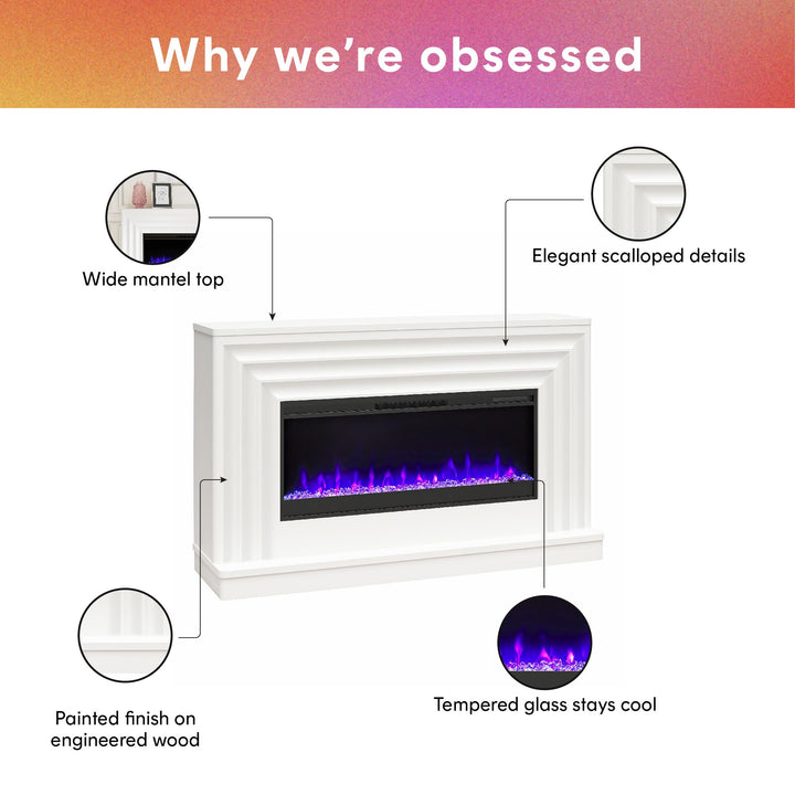 Rene Electric Fireplace Mantel 65" TV Stand with Multi-Color Flame and Crystal Ember Bed - White