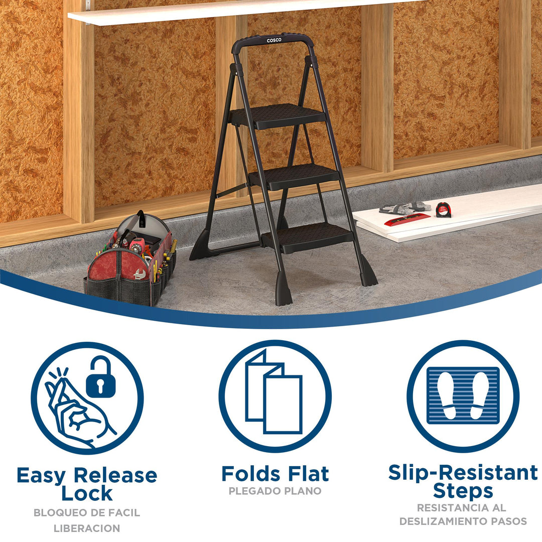 COSCO 3-Step Ladder, Folding Step Stool with Top Cap, Anti-Slip Steps, 250 lbs. Capacity - Black
