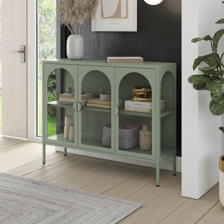 Chloe Metal Accent Cabinet With 3 Arched Glass Doors - Pale Green - 3 Door