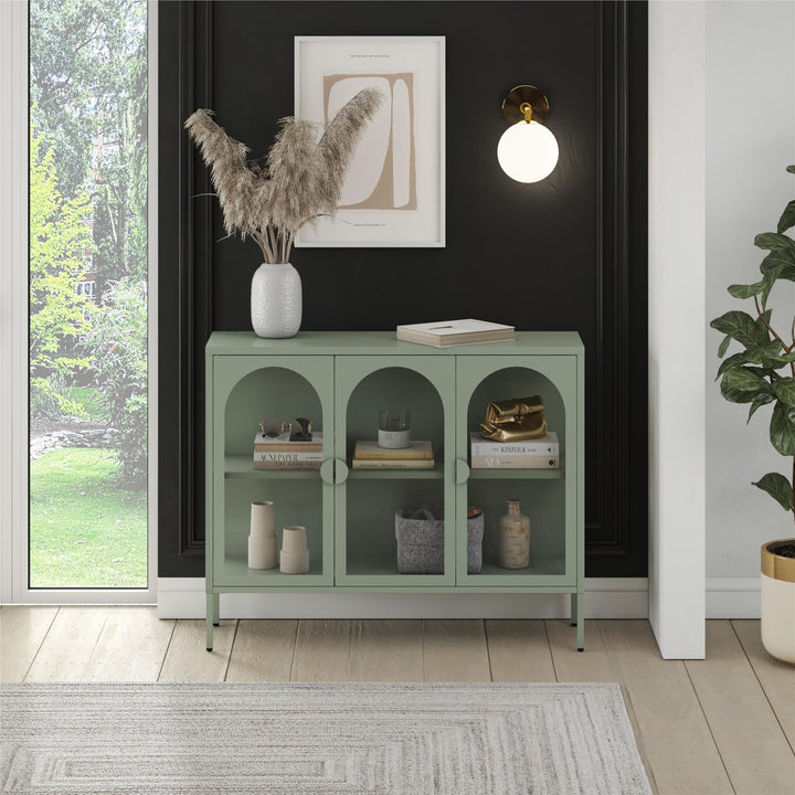 Chloe Metal Accent Cabinet With 3 Arched Glass Doors - Pale Green - 3 Door