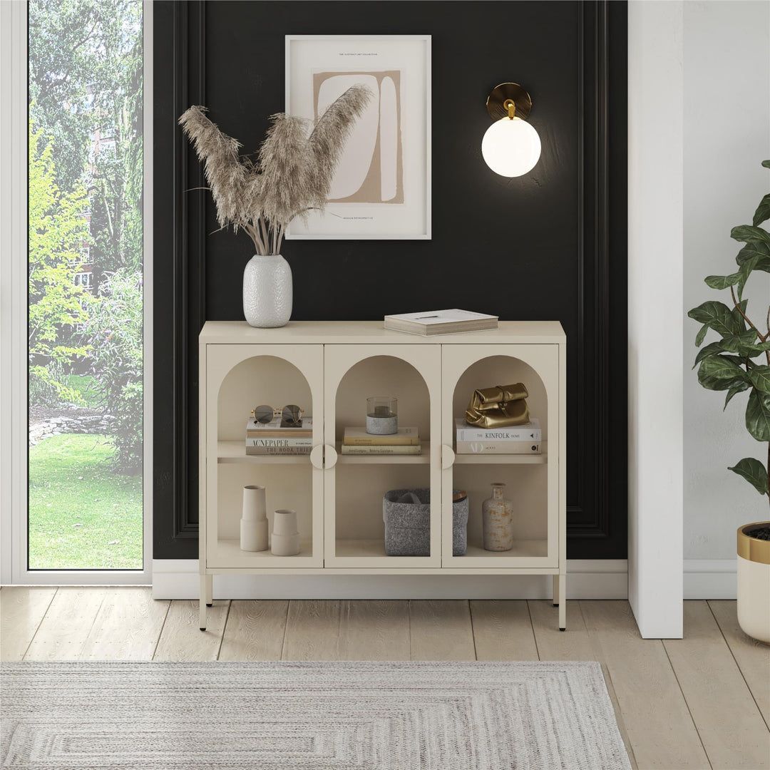 Chloe Metal Accent Cabinet With 3 Arched Glass Doors - Parchment - 3 Door