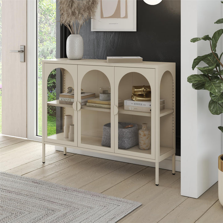 Chloe Metal Accent Cabinet With 3 Arched Glass Doors - Parchment - 3 Door