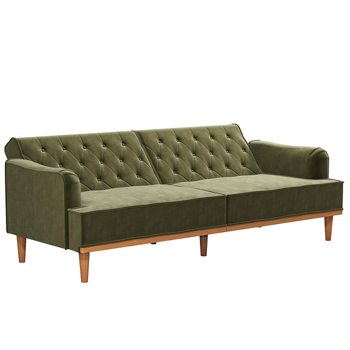 Stella Vintage Convertible Sofa Bed Futon - Olive Green Velvet - 3-Seater