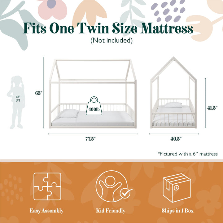Skyler Metal House Bed with Rail - Off White - Twin