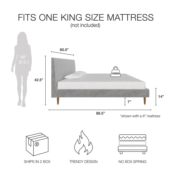 Daphne Velvet Upholstered Bed with Channel Tufted Headboard - Light Gray - King