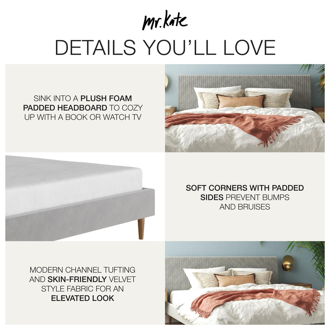 Daphne Velvet Upholstered Bed with Channel Tufted Headboard - Light Gray - King