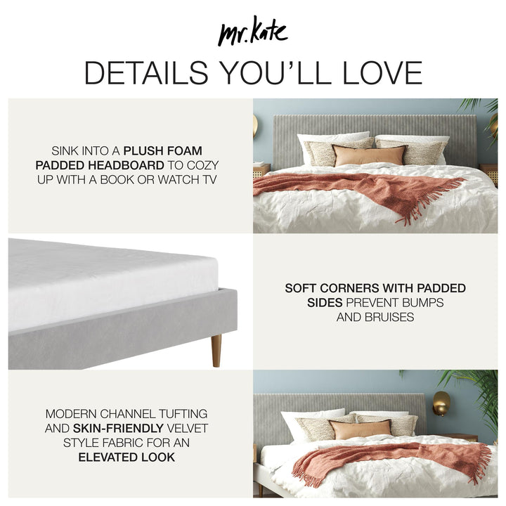 Daphne Velvet Upholstered Bed with Channel Tufted Headboard - Light Gray - King