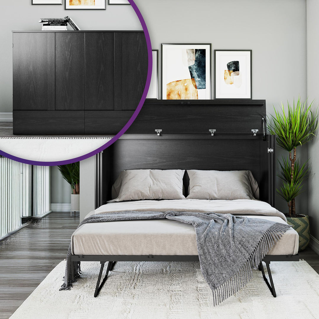 Paramount Trifold Cabinet Murphy Bed with Mattress and Storage Drawers - Black Oak - Queen
