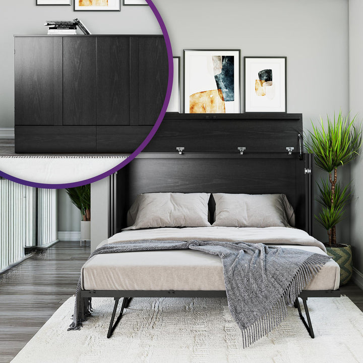 Paramount Trifold Cabinet Murphy Bed with Mattress and Storage Drawers - Black Oak - Queen