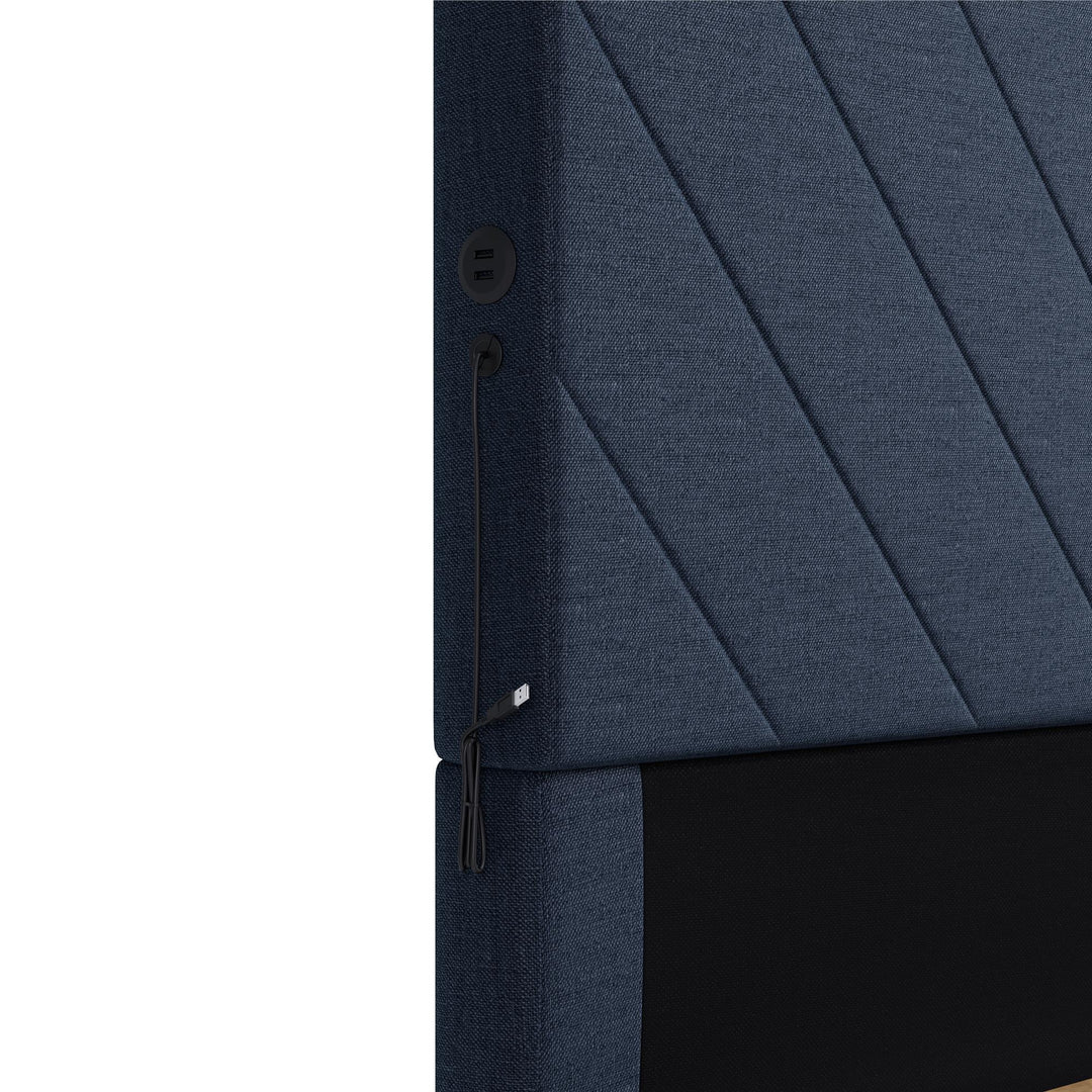 Paxson Upholstered Bed with USB Port and Wood Slats - Navy - Queen