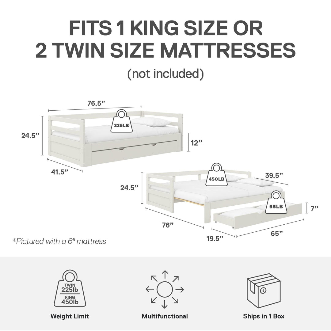 Rhodes Twin to King Wood Daybed with Storage Drawer - White - Twin to King