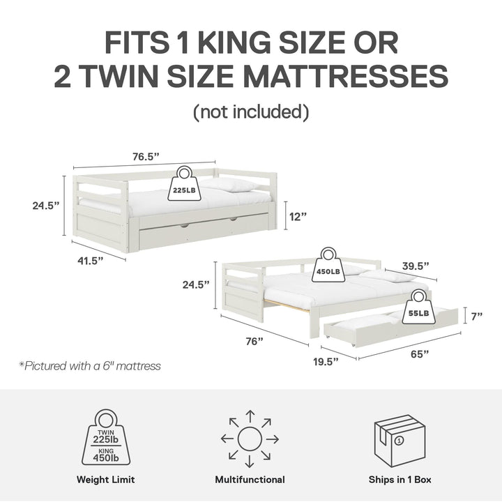 Rhodes Twin to King Wood Daybed with Storage Drawer - White - Twin to King