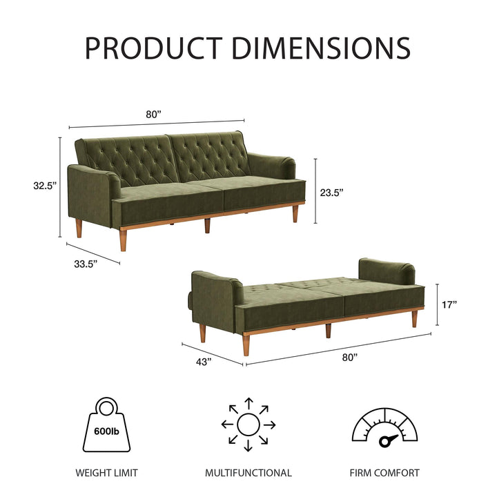 Stella Vintage Convertible Sofa Bed Futon - Olive Green Velvet - 3-Seater