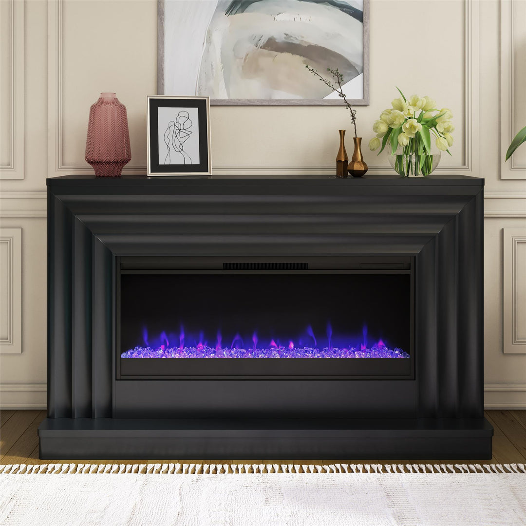 Rene Electric Fireplace Mantel 65" TV Stand with Multi-Color Flame and Crystal Ember Bed - Black