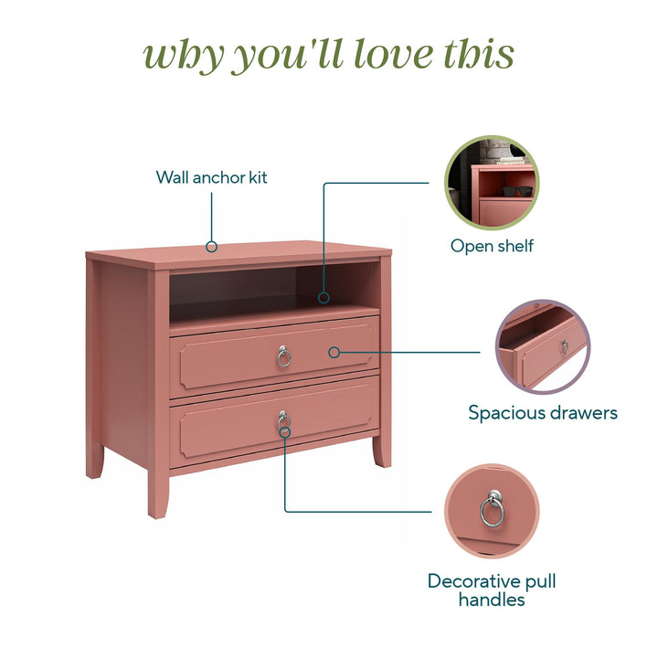 Her Majesty 2 Drawer Nightstand with 1 Open Cubby and 2 Drawers - Dusty Rose