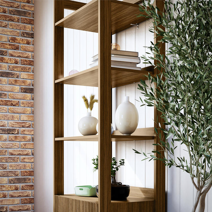 4-Shelf Reeded Bookcase with Drawer - Natural Teak
