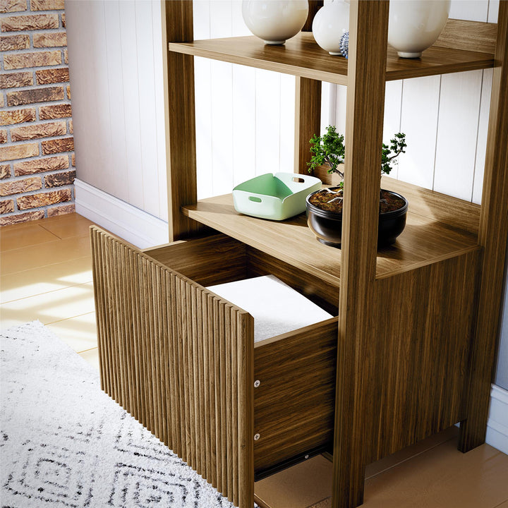 4-Shelf Reeded Bookcase with Drawer - Natural Teak