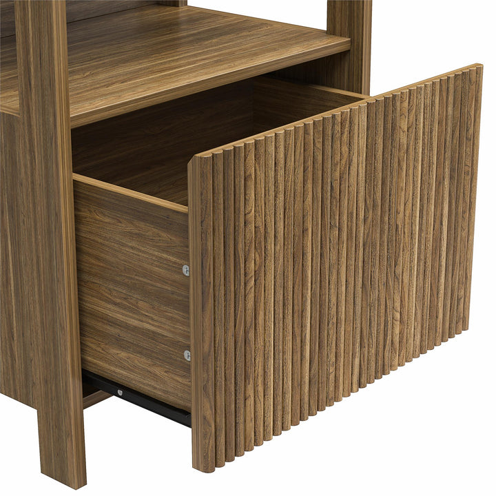 4-Shelf Reeded Bookcase with Drawer - Natural Teak
