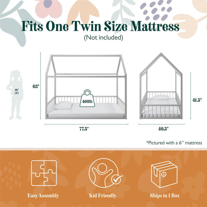 Skyler Metal House Bed with Rail - Dove Gray - Twin
