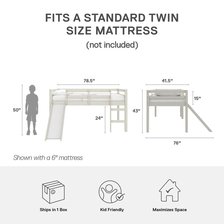 Milton Twin Low Loft Bed with Slide - White - Twin