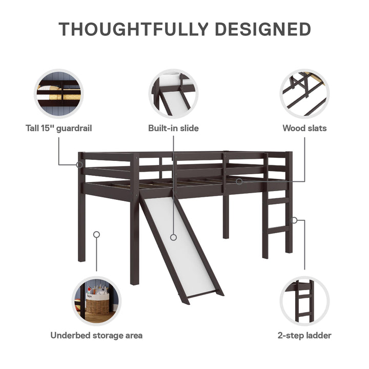 Milton Twin Low Loft Bed with Slide - Brown - Twin
