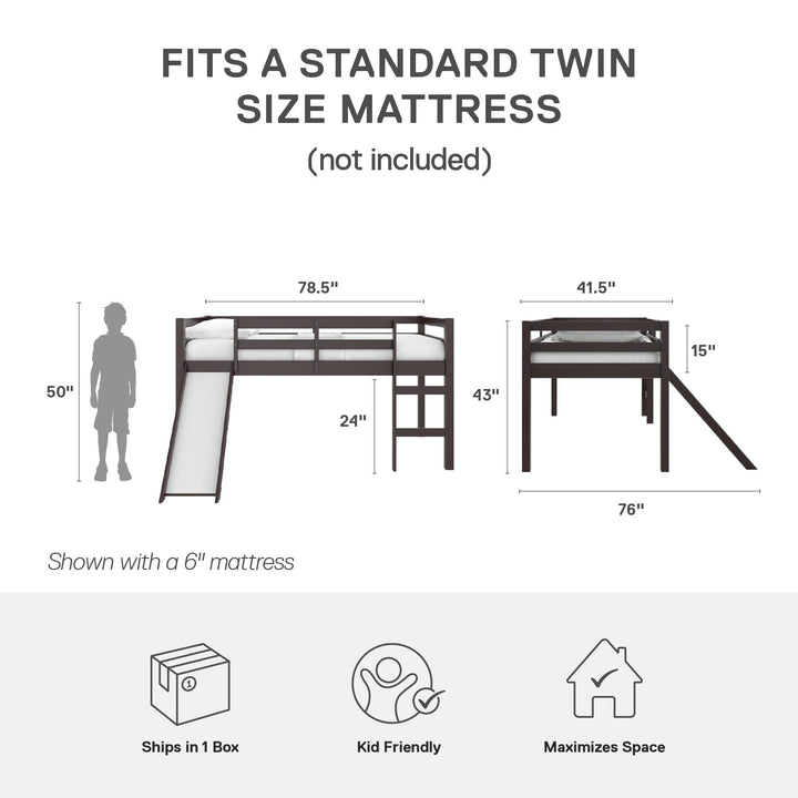 Milton Twin Low Loft Bed with Slide - Brown - Twin