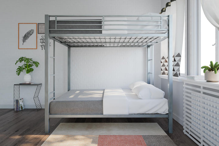 Full over Full Bunk Bed with Sturdy Metal Frame and Simple Design - Silver - Full-Over-Full