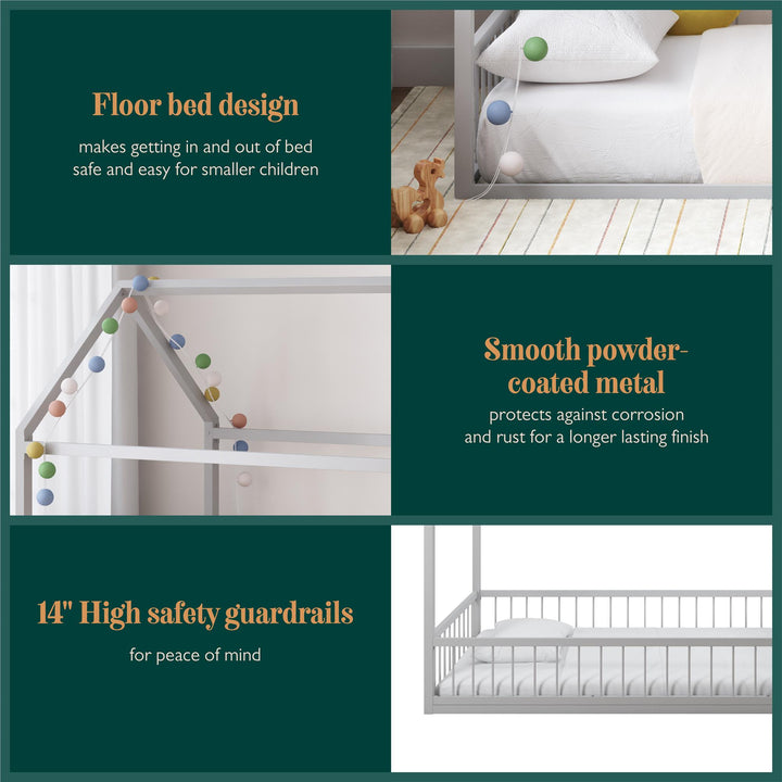 Skyler Metal House Bed with Rail - Dove Gray - Twin