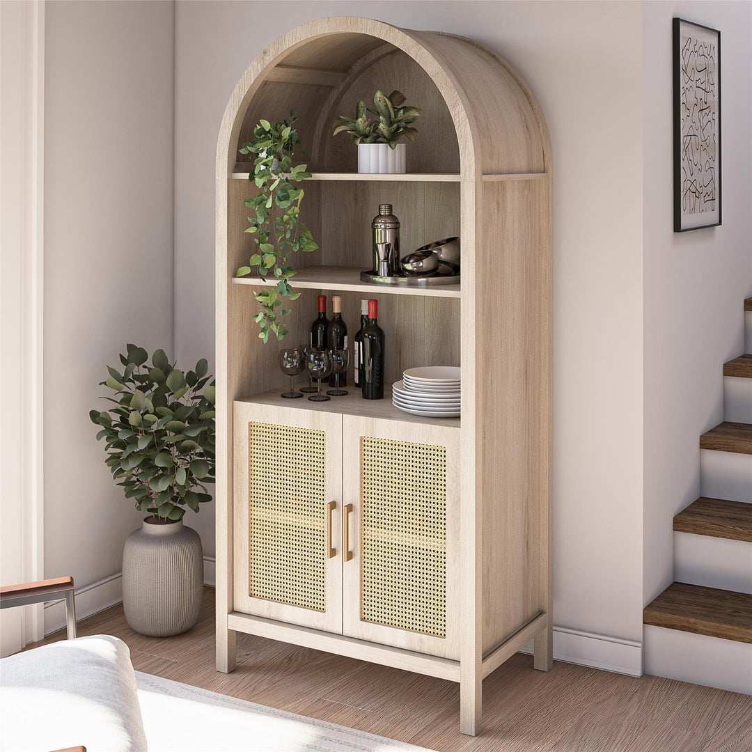 RealRooms Anaya Tall Arched Storage Cabinet with Faux Rattan Doors, Blonde Oak - Blonde Oak