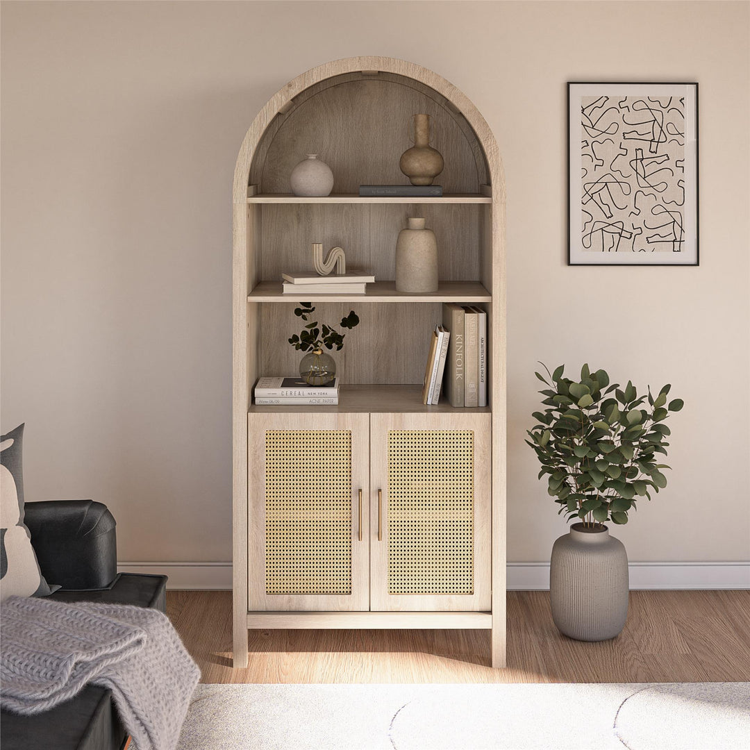RealRooms Anaya Tall Arched Storage Cabinet with Faux Rattan Doors, Blonde Oak - Blonde Oak