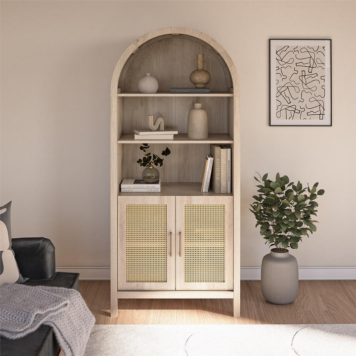 RealRooms Anaya Tall Arched Storage Cabinet with Faux Rattan Doors, Blonde Oak - Blonde Oak