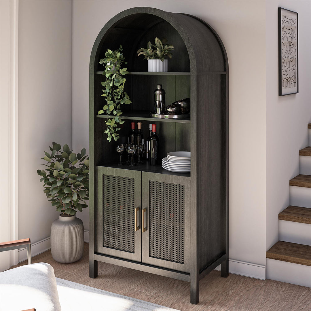 RealRooms Anaya Tall Arched Storage Cabinet with Faux Rattan Doors, Shadow Oak - Shadow Oak