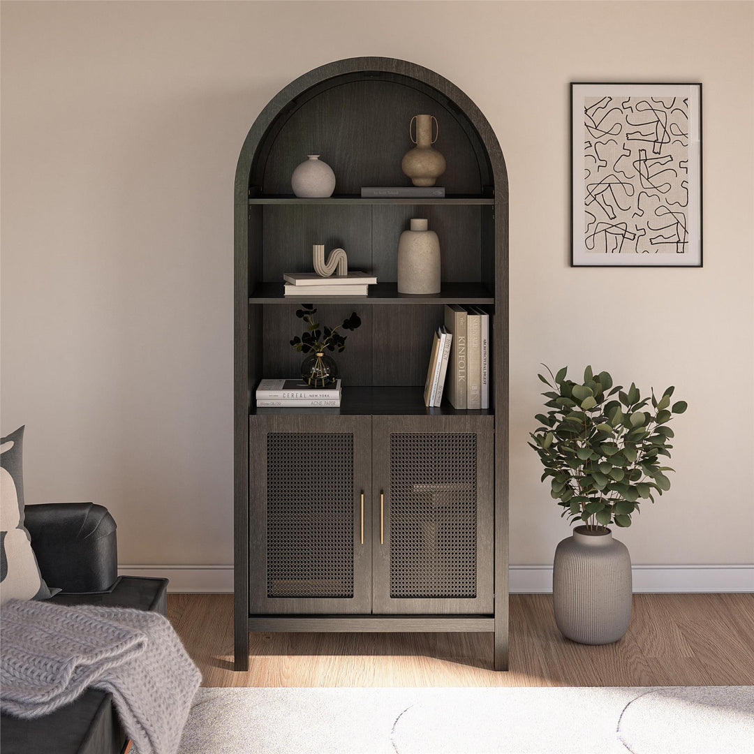 RealRooms Anaya Tall Arched Storage Cabinet with Faux Rattan Doors, Shadow Oak - Shadow Oak