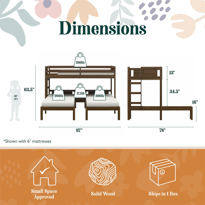  Zayden Twin over Twin & Twin Triple Bunk Bed for Kids - Mocha Espresso - Twin/Twin & Twin