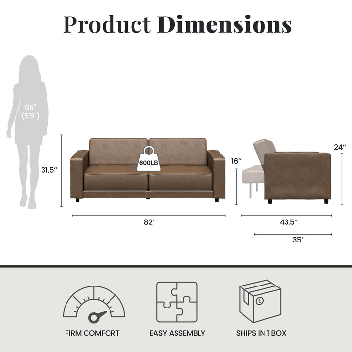 Allie Faux Leather Futon Sofa Bed - Brown Faux Leather - 3-Seater