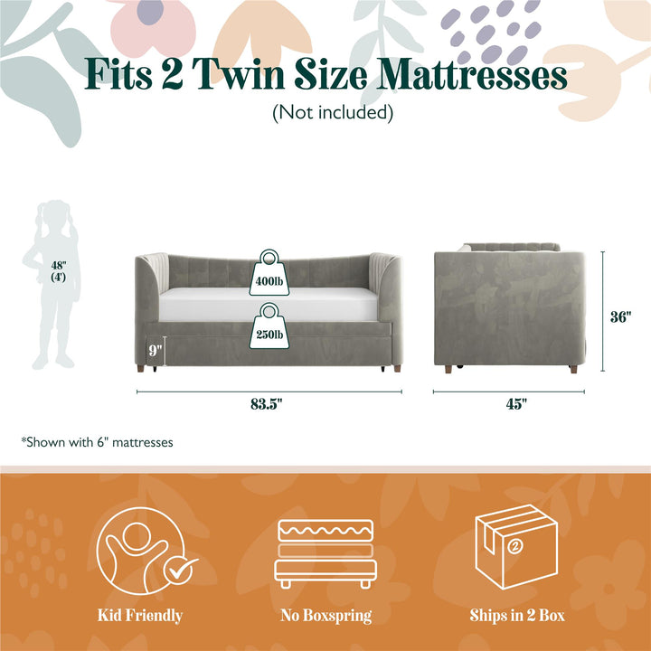Valentina Upholstered Daybed with Trundle and Vertical Stitching - Gray - Twin
